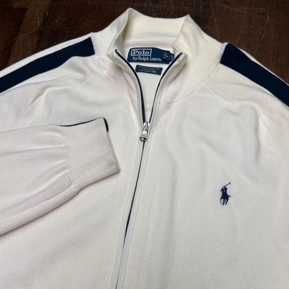 Vtg Polo Ralph Lauren Full Zip Sweater Mens XL Cream Navy Stripe Pima Cotton